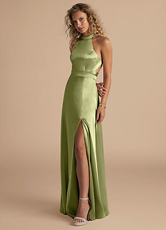 Azazie Clarice Jurken voor bruidsmeisjes Jurk van Metaalachtig Satijn met A-Lijn Hoge Kraag Pistache image5