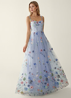 Irisqun Blue 3D Flowers Sequin Embroidery Beading Tulle Prom Dress image5