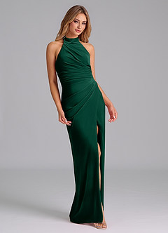 Azazie Jemma Bridesmaid Dresses Emerald Sheath Pleated Velvet Dress image4