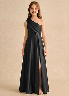 Azazie Puddles Junior Formal Flower Girl Dresses Black A-Line One Shoulder Stretch Satin Dress image6