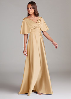 Azazie Pamela Robes de demoiselle d'honneur Robe Trapèze en Satin extensible Plissée Or image3
