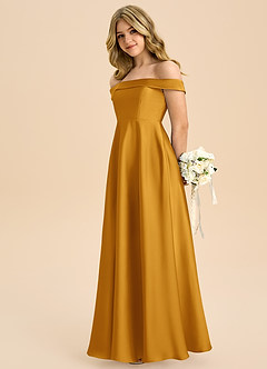 Azazie Sissy Junior Abito A-Line in Raso Elasticizzato a Spalla Scoperta Caramello image6