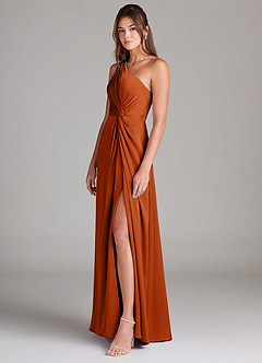 Azazie Brooke Bridesmaid Dresses Burnt Orange A-Line One Shoulder Stretch Satin Dress image5