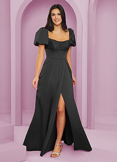 Barbie ♥ Azazie Bridesmaid Dresses Black A-Line Ruched Stretch Satin Dress image1