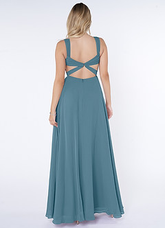 Azazie Nahrin Brautjungfernkleider A-Linie V-Hals Gefaltet Chiffon Kleid Bermudablau image2