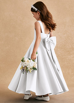 Azazie Honey Bear Flower Girl Dresses White A-Line Pleated Matte Satin Dress image4