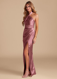 Azazie Zaya Bridesmaid Dresses Vintage Mauve Sheath Pleated Metallic Satin Dress image4