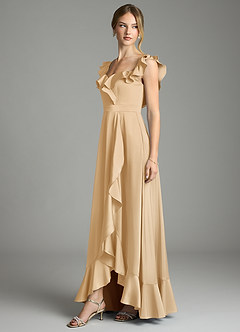 Azazie Lyra Bridesmaid Dresses Gold A-Line Off the Shoulder Stretch Satin Convertible Dress image4