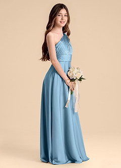 Azazie Charlize Junior Abito A-Line in Raso Elasticizzato Plissettato Blu Acciaio image5