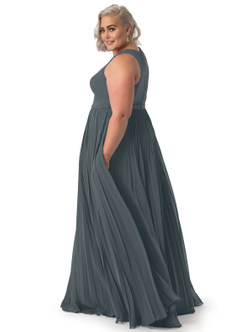Azazie Lindie Final Sale Pewter A-Line Scoop Pleated Chiffon Dress image26