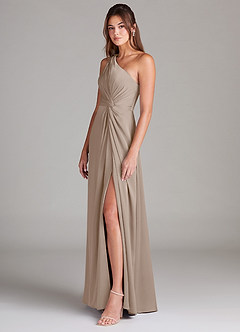 Azazie Brooke Bridesmaid Dresses Taupe A-Line One Shoulder Stretch Satin Dress image6