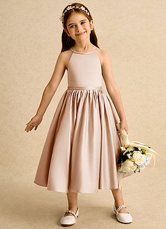 Azazie Indi Blumenmädchenkleider A-Linie Schleifen Matte Satin Kleid Englisches Rosa image2