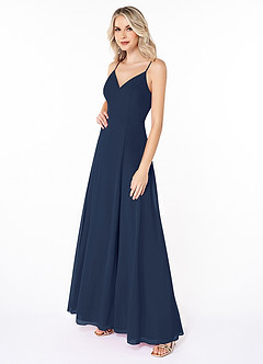 Azazie Lena Bridesmaid Dresses Dark Navy A-Line Lace Chiffon Dress image3