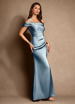 Azazie Altonia Mother of the Bride Dresses Dusty Blue Mermaid Off the Shoulder Stretch Satin Dress image2