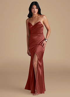 Azazie Yola Bridesmaid Dresses Terracotta Sheath Pleated Metallic Satin Dress image5