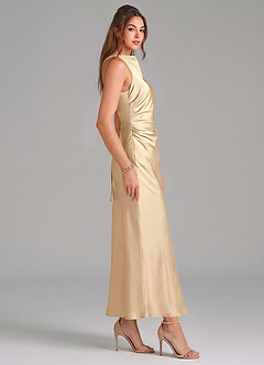 Azazie Evadne Vestidos de damas de honor Vestido de Champán de Satén Elástico de Corte Recto con Plisado image4