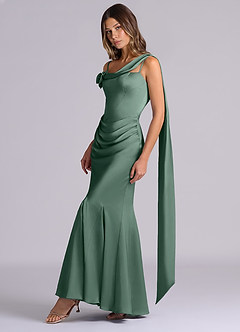 Azazie Inara Bridesmaid Dresses Eucalyptus Mermaid Pleated Stretch Satin Dress image3