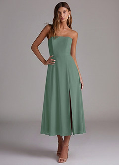 Azazie Wren 신부 들러리 드레스 A라인 스트랩리스 쉬폰 티 길이 드레스 image4