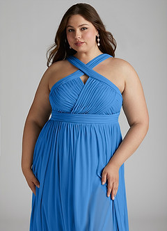 Azazie Hillian Vestidos de damas de honor Vestido de Azul Grisaceo de Malla de Corte en A con Halter Plisado image13