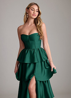 Azazie Faye Bridesmaid Dresses Emerald A-Line Ruched Stretch Satin Dress image5
