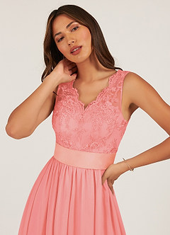 Azazie Gertrude Bridesmaid Dresses Coral A-Line Lace Chiffon Dress image6