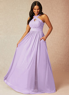 Azazie Hillian Bridesmaid Dresses Lilac A-Line Halter Pleated Mesh Dress image1