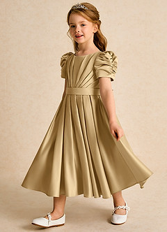 Azazie Miriam Robe Demoiselle D'honneur Fillette Robe Princesse en Mat Satiné Plissée Or image7