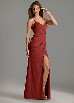 Azazie Maci Bridesmaid Dresses Rust Sheath Pleated Mesh Dress image3