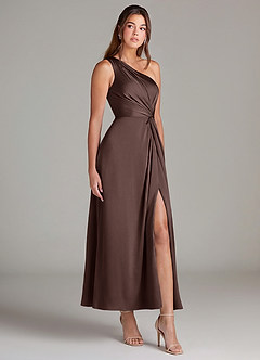 Azazie Brooke Bridesmaid Dresses Ganache A-Line One Shoulder Stretch Satin Dress image4