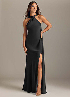 Azazie Kinsley Bridesmaid Dresses Black Mermaid Side Slit Stretch Satin Dress image1