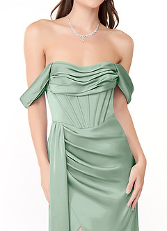 Azazie Amyra At-home Try On Dresses Agave Sheath Off the Shoulder Stretch Satin Convertible Dress image9