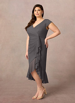 Azazie Renetta Mother of the Bride Dresses Steel Grey Sheath V-Neck Pleated Mesh Dress image9