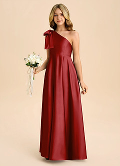 Azazie Penguin Junior Pomegranate A-Line Bow Stretch Satin Dress image5