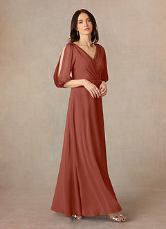 Azazie Bronwyn Mère de la mariée Robes Robe Trapèze en Mousseline de soie Col V froncé Auburn image1