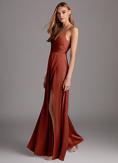 Azazie Calissa Final Sale Terracotta A-Line V-Neck Pleated Stretch Satin Dress image4