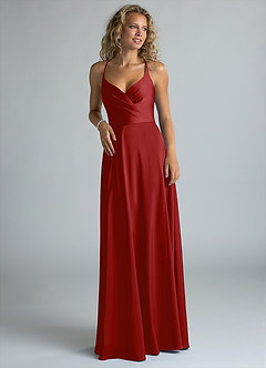 Azazie Davis Bridesmaid Dresses Pomegranate A-Line Pleated Stretch Satin Dress image4