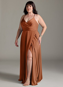 Azazie Davis Bridesmaid Dresses Copper A-Line Pleated Stretch Satin Dress image10