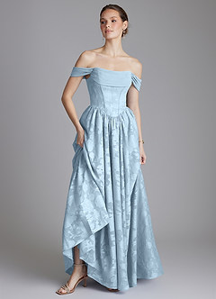 Azazie Raisa Bridesmaid Dresses Sky Blue A-Line Off the Shoulder Floral Burnout Dress image6