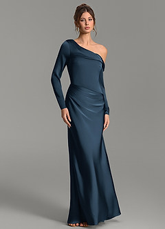 Azazie Sandra Bridesmaid Dresses Dark Navy Mermaid Long Sleeve Stretch Satin Dress image5