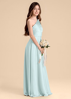 Azazie Charlize Junior Abito A-Line in Raso Elasticizzato Plissettato Sea Glass image5