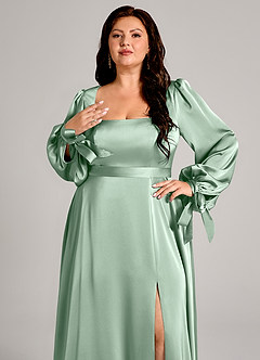 Azazie Leonia Abiti da Damigella Abito A-Line in Raso Elasticizzato Manica Lunga Agave image9