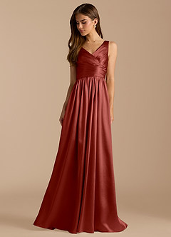 Azazie Keyla Bridesmaid Dresses Terracotta A-Line Pleated Metallic Satin Dress image3