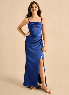 Azazie Lexy Girls Formal Flower Girl Dresses Royal Blue A-Line Pleated Stretch Satin Dress image1