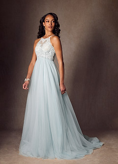 Azazie Odell At-home Try On Dresses Misty Blue A-Line Halter Sequins Tulle Dress image3