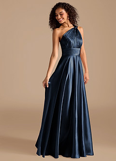 Azazie Charlize Brudtärnklänningar Klänning av A-linje i Metallisk satin One-shoulder Mörk Marinblå image6