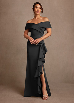 Azazie Kirsty Vestidos para mãe da noiva Vestido Preto de Cetim elástico de Bainha com Ombros Caídos image1