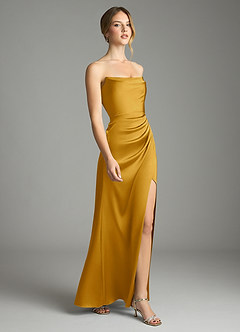 Azazie Leonis Bridesmaid Dresses Butterscotch Mermaid Pleated Stretch Satin Convertible Dress image6