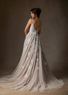 Azazie Sorella Wedding Dresses Diamond White Sand A-Line V-Neck Sequins Tulle Dress image2