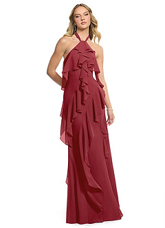 Azazie Velma Bridesmaid Dresses Pomegranate A-Line Side Slit Chiffon Dress image3