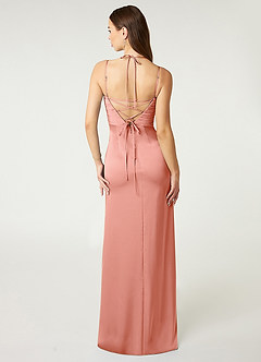 Azazie Desi Bridesmaid Dresses Coral Sheath Halter Corset Stretch Satin Dress image3